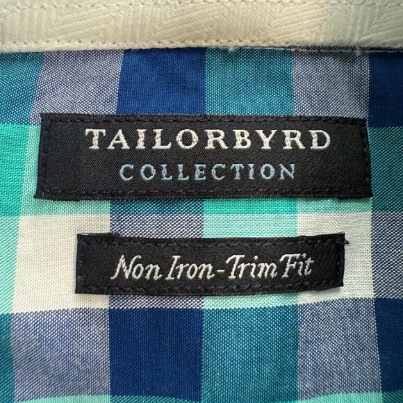 TailorByrd Trim Fit Non-Iron Plaid Shirt 16.5 34/35 Blue Green Cotton - Picture 4 of 7